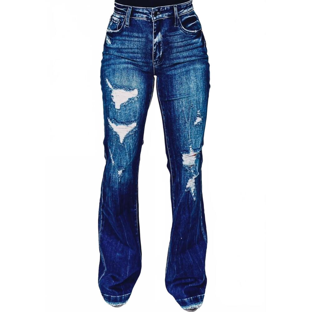 NEW PETRA153 deadwood flare distressed jeans in mid wash